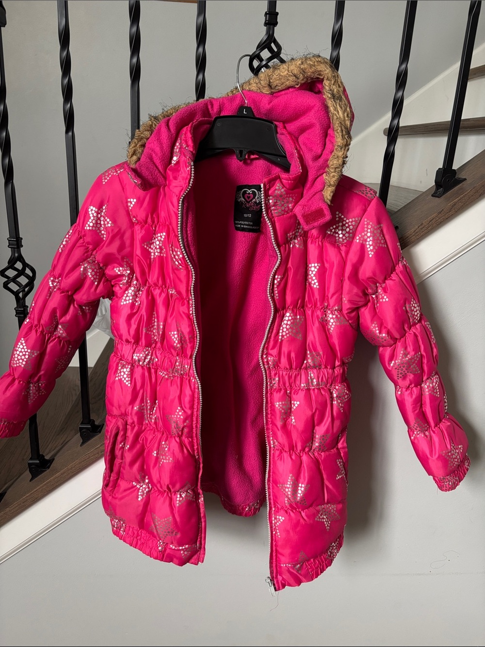 Girls' Hot Pink Star-Print Puffer Coat with Faux-Fur Hood
